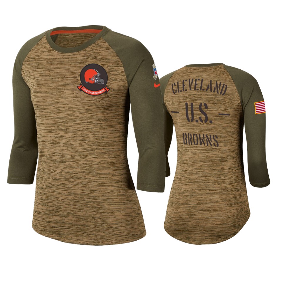 Women's Cleveland Browns Khaki 2019 Salute to Service Legend Scoopneck Raglan 3/4 Sleeve T-Shirt(Run Small)